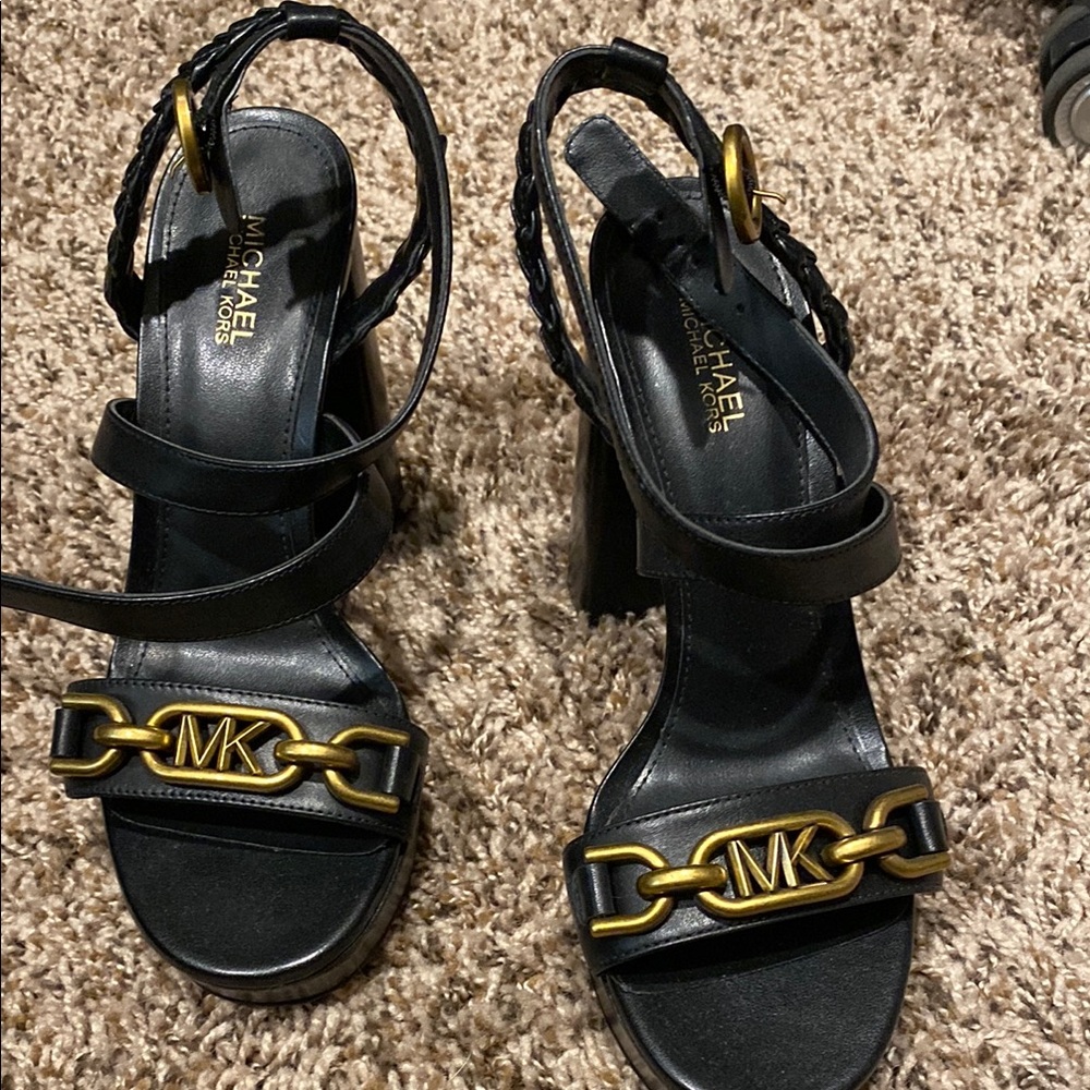 KORS Michael Kors Black and Gold Heels with Stiletto Design